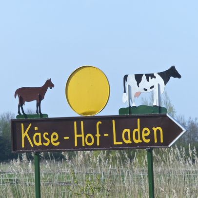 Schild mit dem Logo des Käse Hofs Pilsum mit einer Ziege und einer Kuh